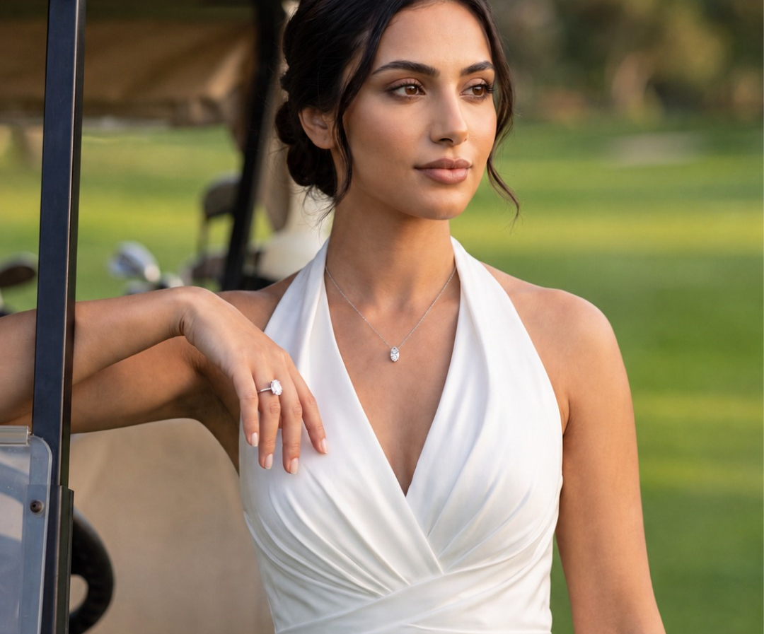 Rana wearing her oval solitaire